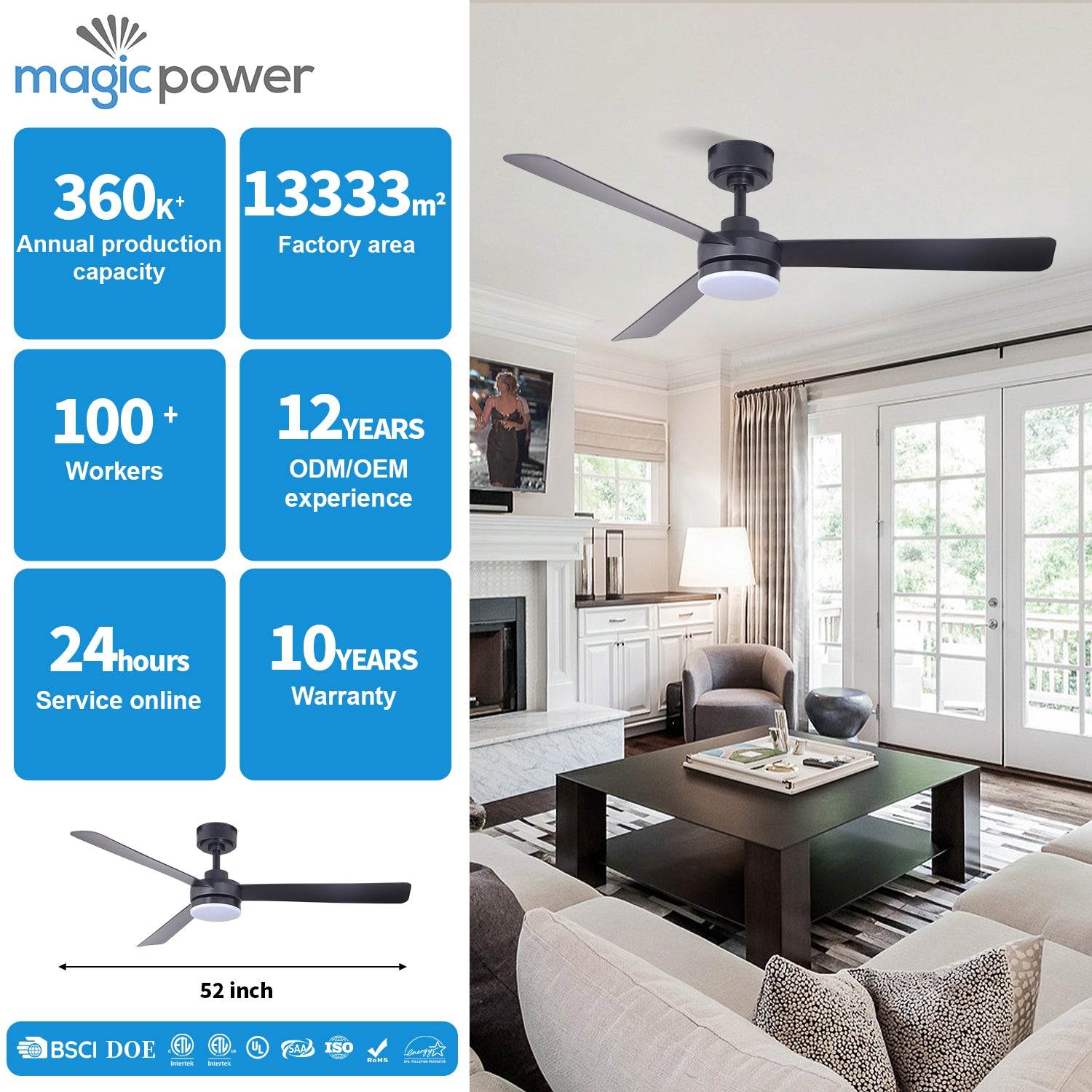 MGN25005-BK Ceiling Fan With Light and Remote Control