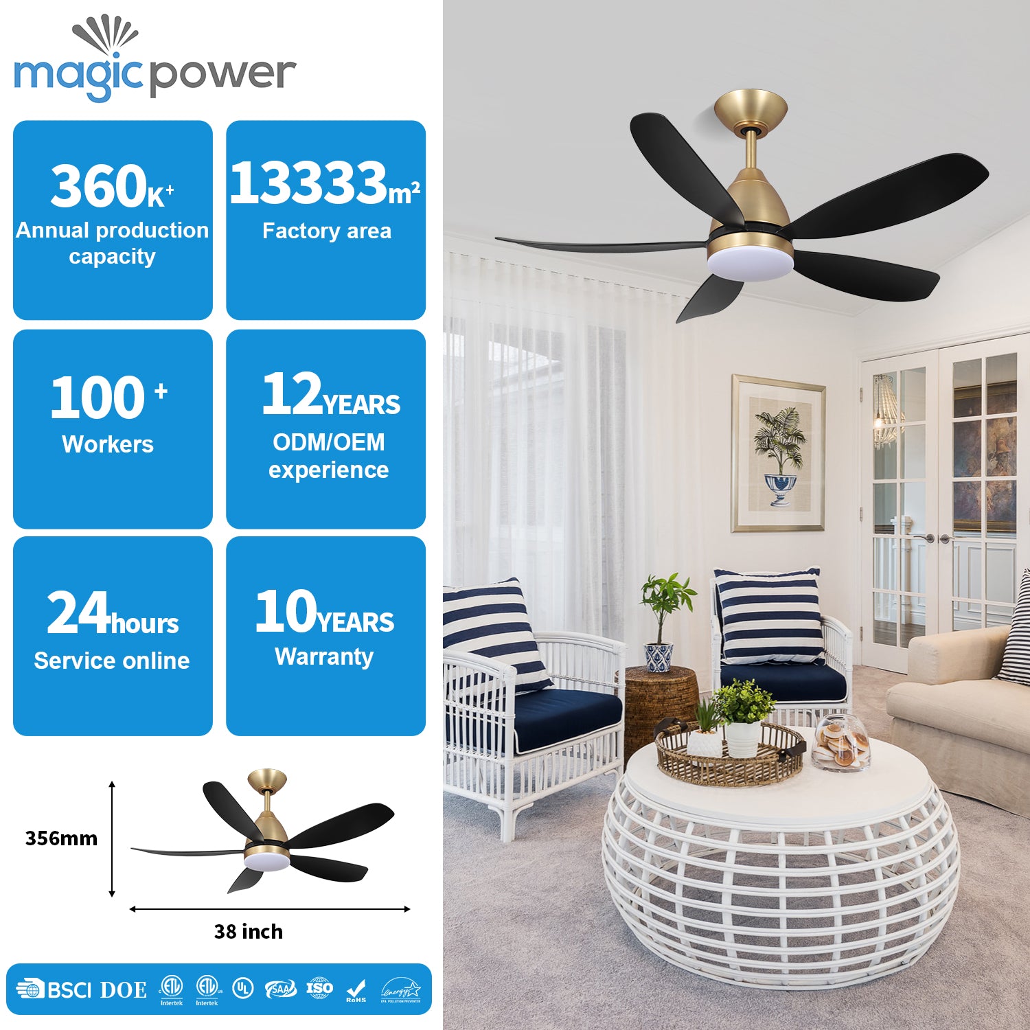 MGN24001-BG Black Dimmable Light Ceiling Fan