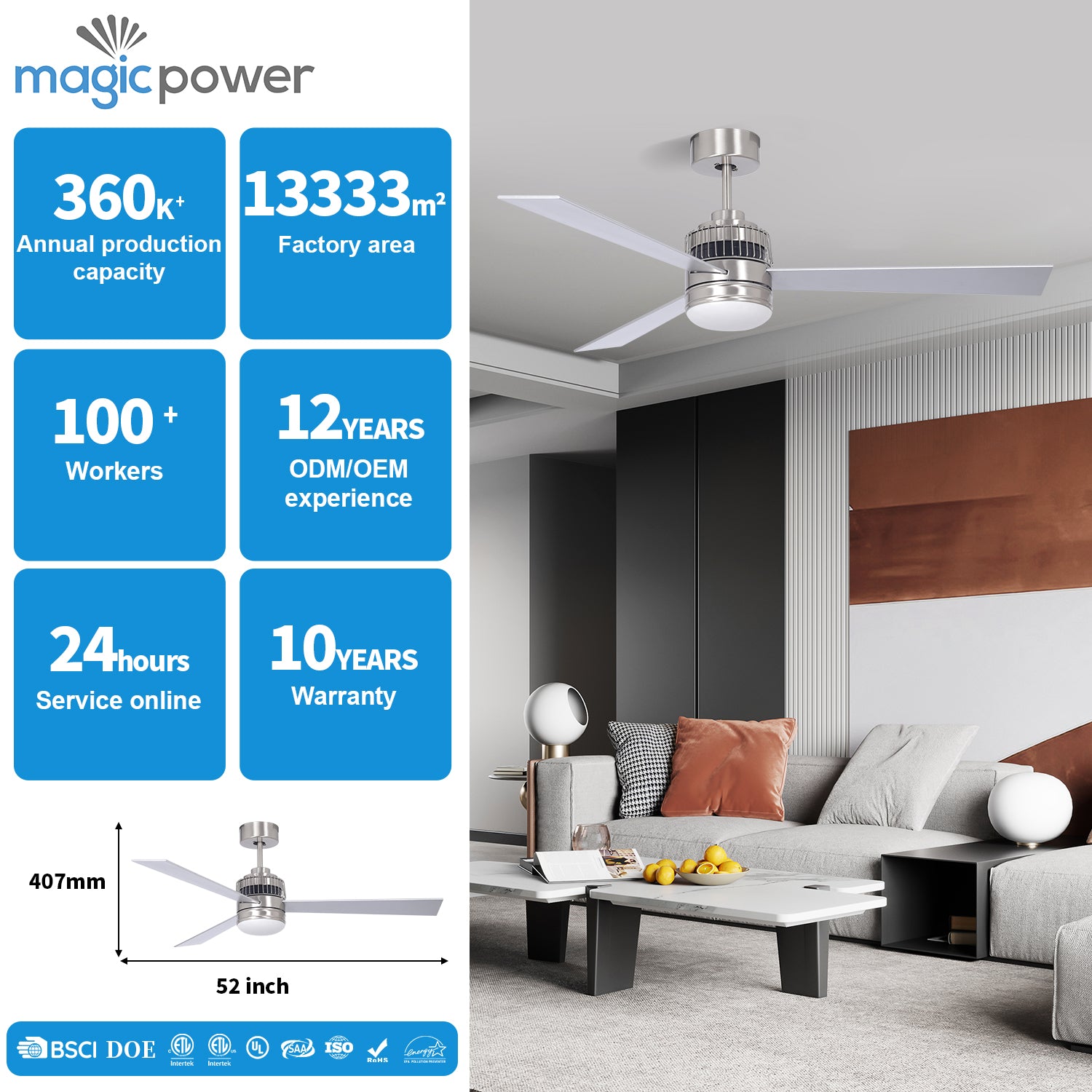 MGN24039 Stain Nickel Dimmable Light Ceiling Fan