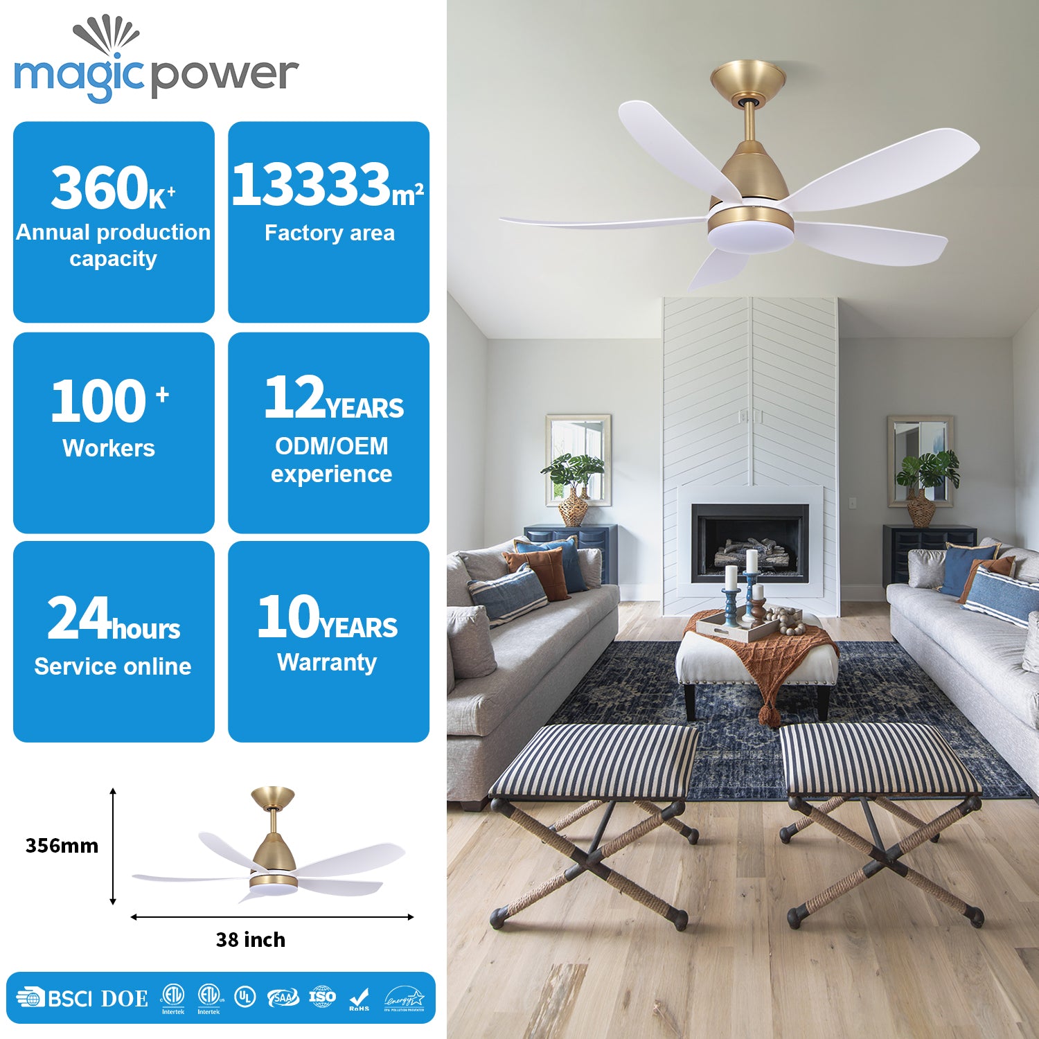 MGN24001-WG White ABS Blades 38 Inch Ceiling Fan