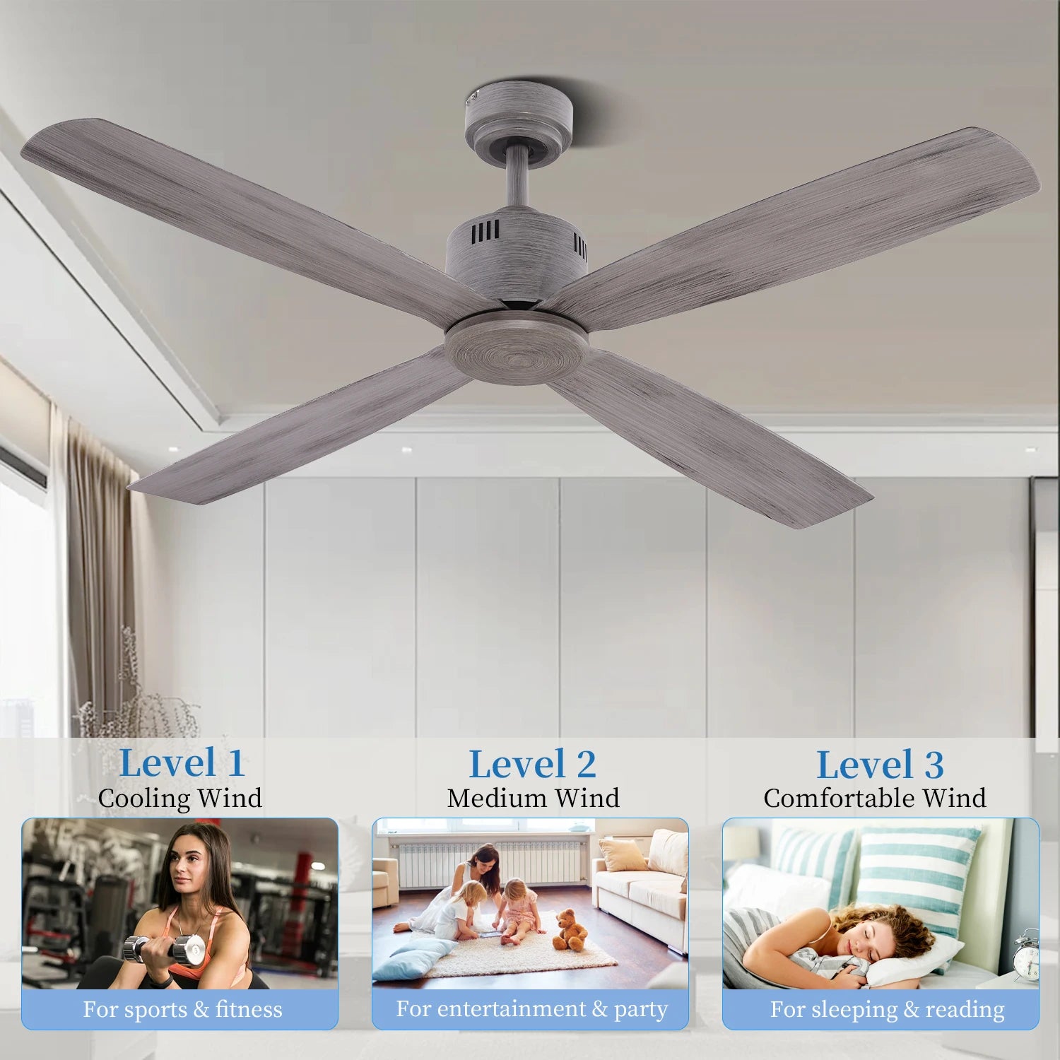 Modern Electric Grey 4 Abs Blades Home Appliances Low Noise 52 Inch Decorative Ceiling Fan Without Light