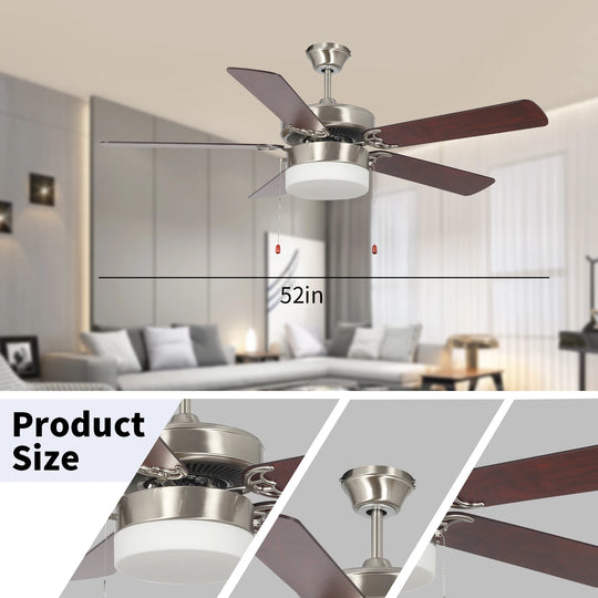 Modern Design AC Motor Pull Chain Silent 52 Inch 5 Blades Home Office Indoor Decorative Ceiling Fan