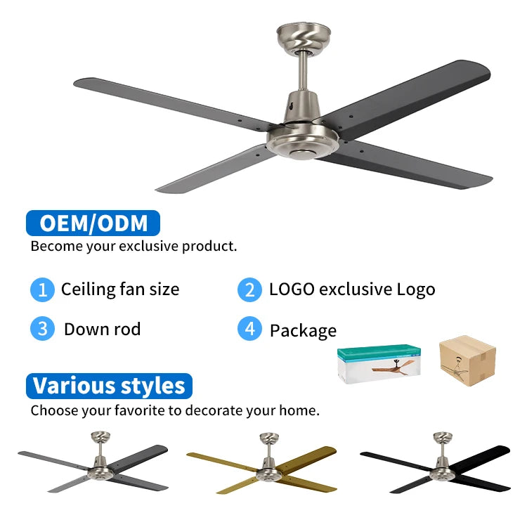 Hot Sale Modern 4 Metal Blades Brush Nickel Wall Control 48 Inch Ac Decorative Ceiling Fan Without Light