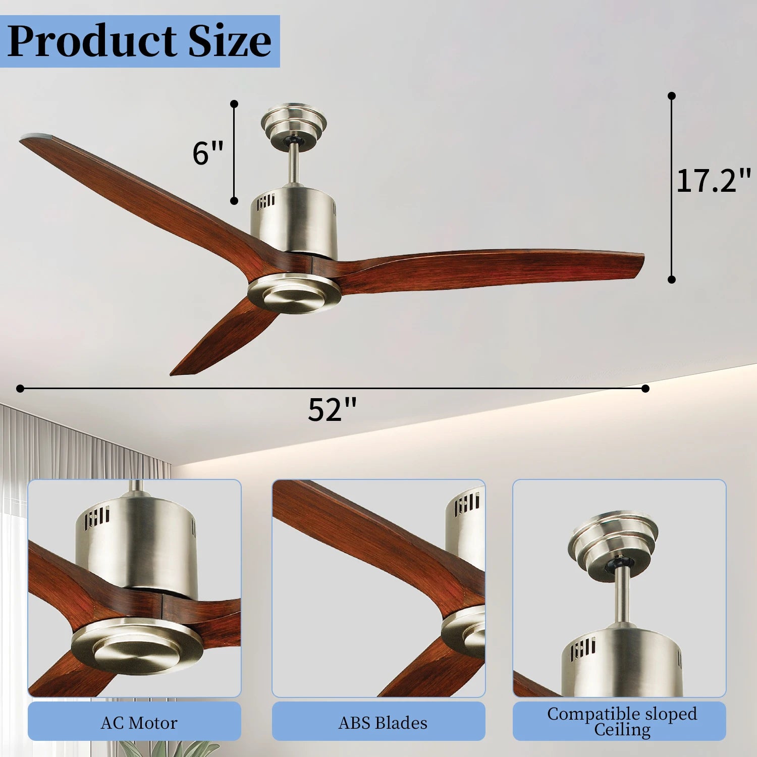 52 Inch ABS 3 Rosewood Blade Invert Natural Wood  Home  Modern Decorative Indoor Fancy Ceiling Fan With Remote Control