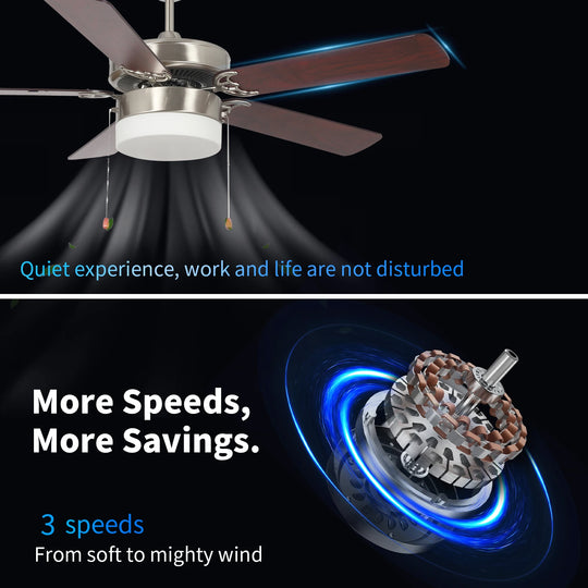 Modern Design AC Motor Pull Chain Silent 52 Inch 5 Blades Home Office Indoor Decorative Ceiling Fan