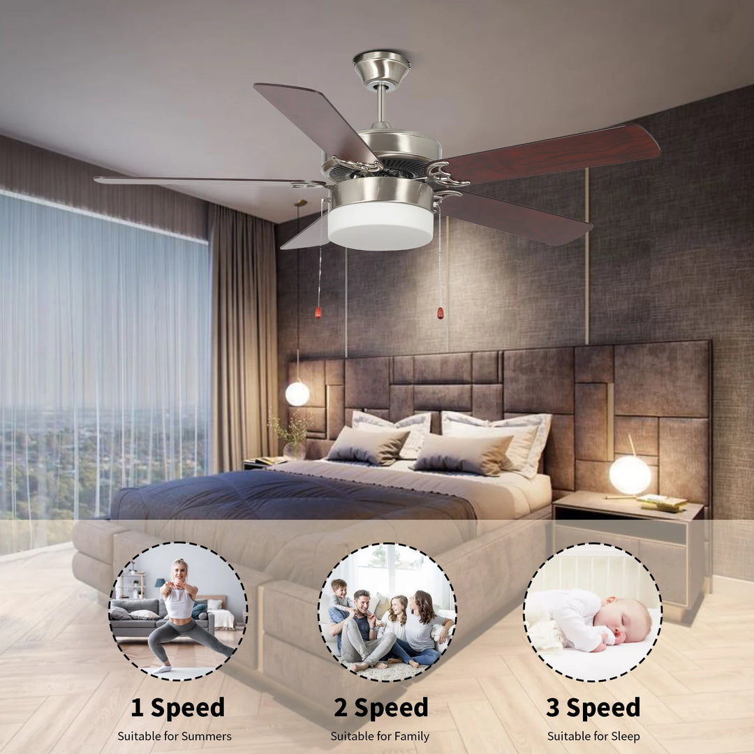 Modern Design AC Motor Pull Chain Silent 52 Inch 5 Blades Home Office Indoor Decorative Ceiling Fan