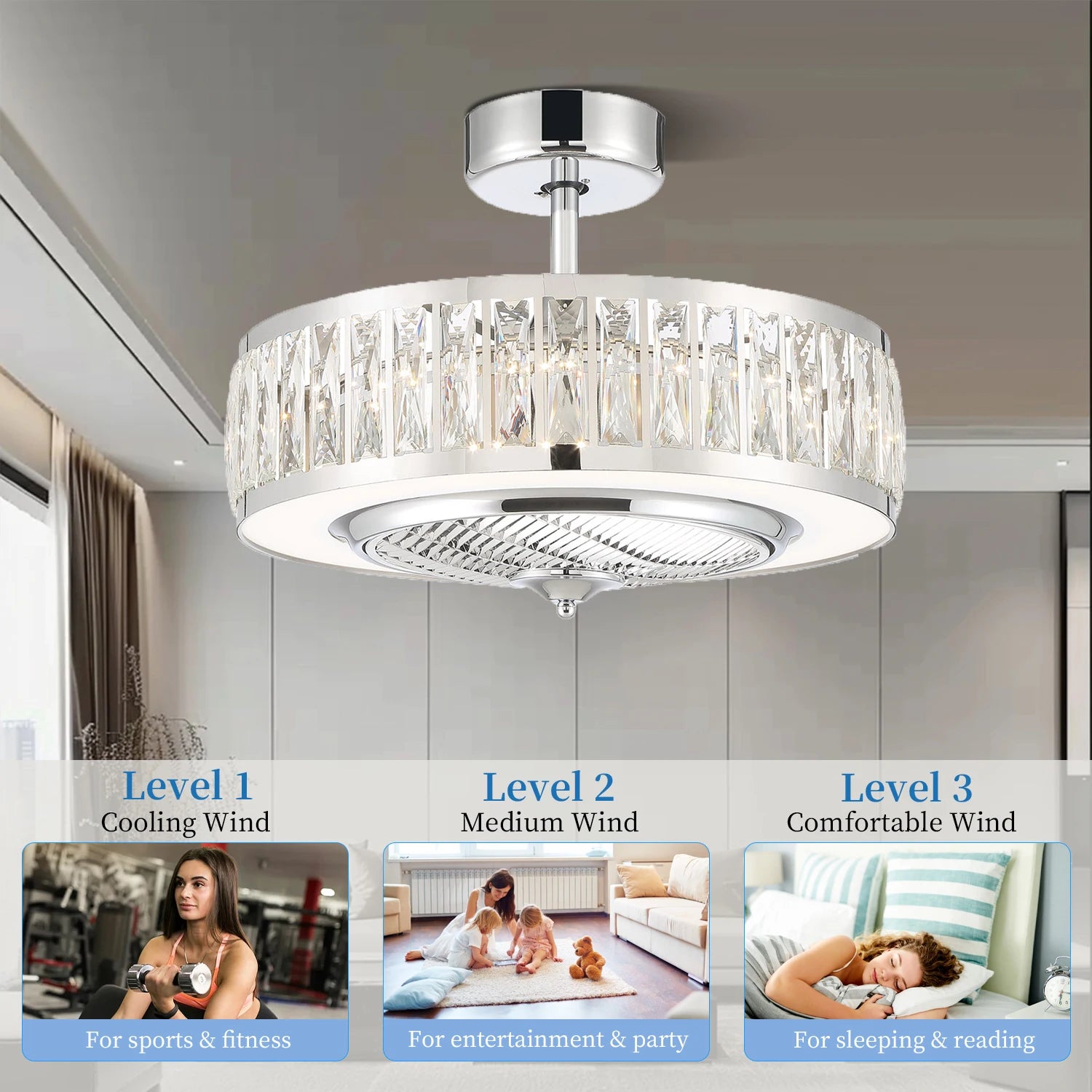 Modern Design Decorative Crystal Chandelier Remote Control Home Living Room AC Indoor LED Ceiling Fan
