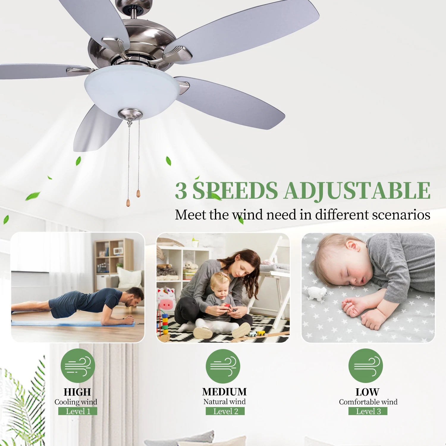 Household Brush Nickel 52 Inch Replacement Wooden Blades Chandelier Decorative Ceiling Fan With Light