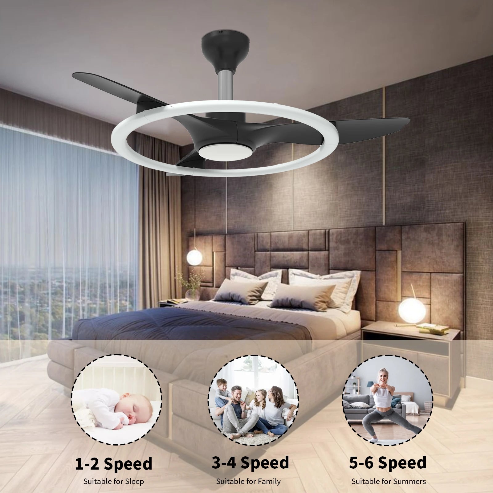 Modern Black Luxury Design Decorative 52 Inch Dimmable Light ABS Blades Ceiling Fan Remote Control
