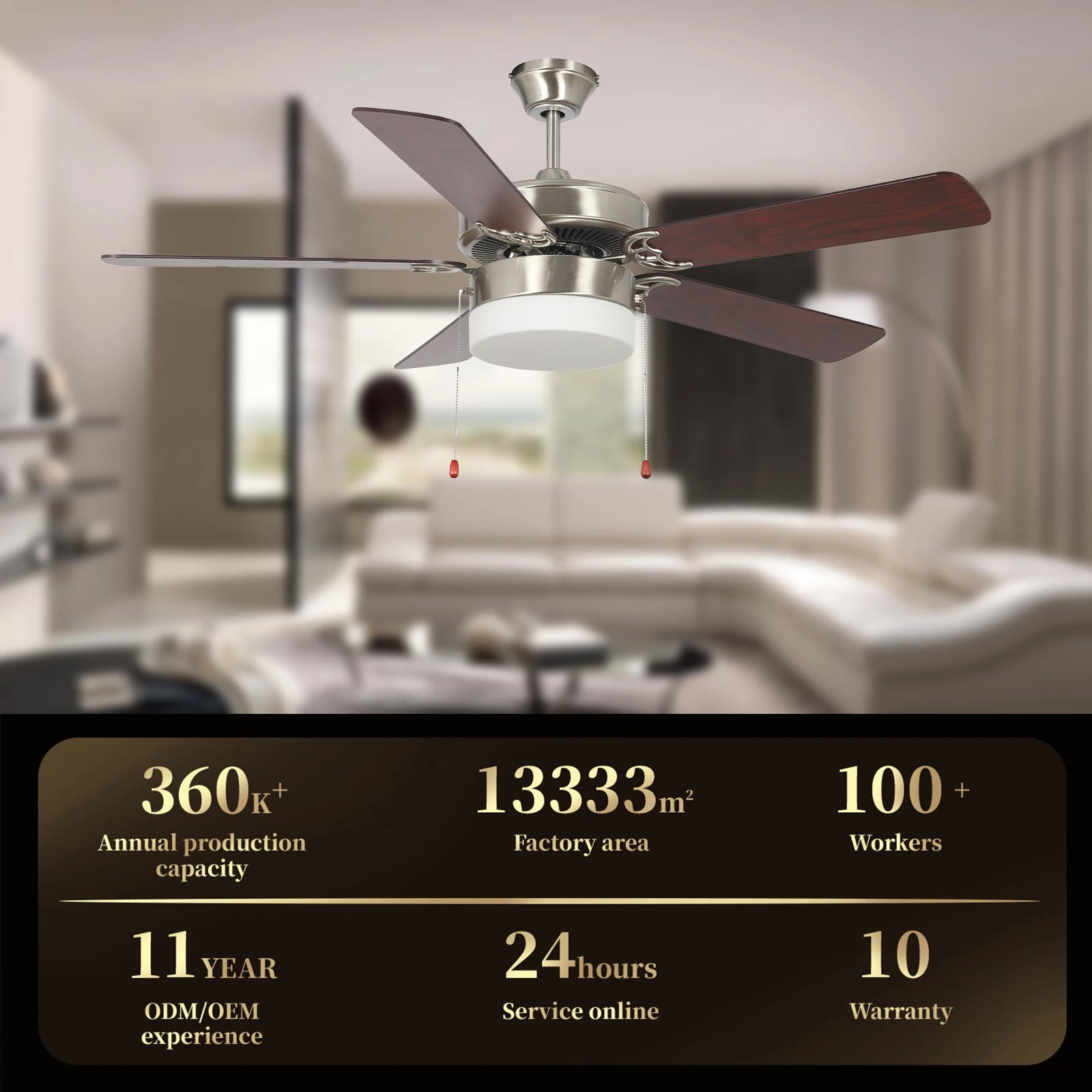 Modern Design AC Motor Pull Chain Silent 52 Inch 5 Blades Home Office Indoor Decorative Ceiling Fan