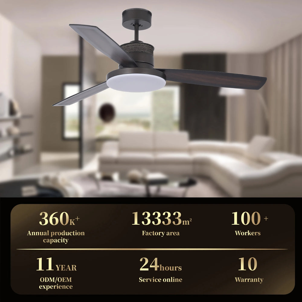 Modern Black 52 Inch Living Room Ceiling Fan Indoor Quiet Dimmable Light LED Ceiling Fan With Remote Control