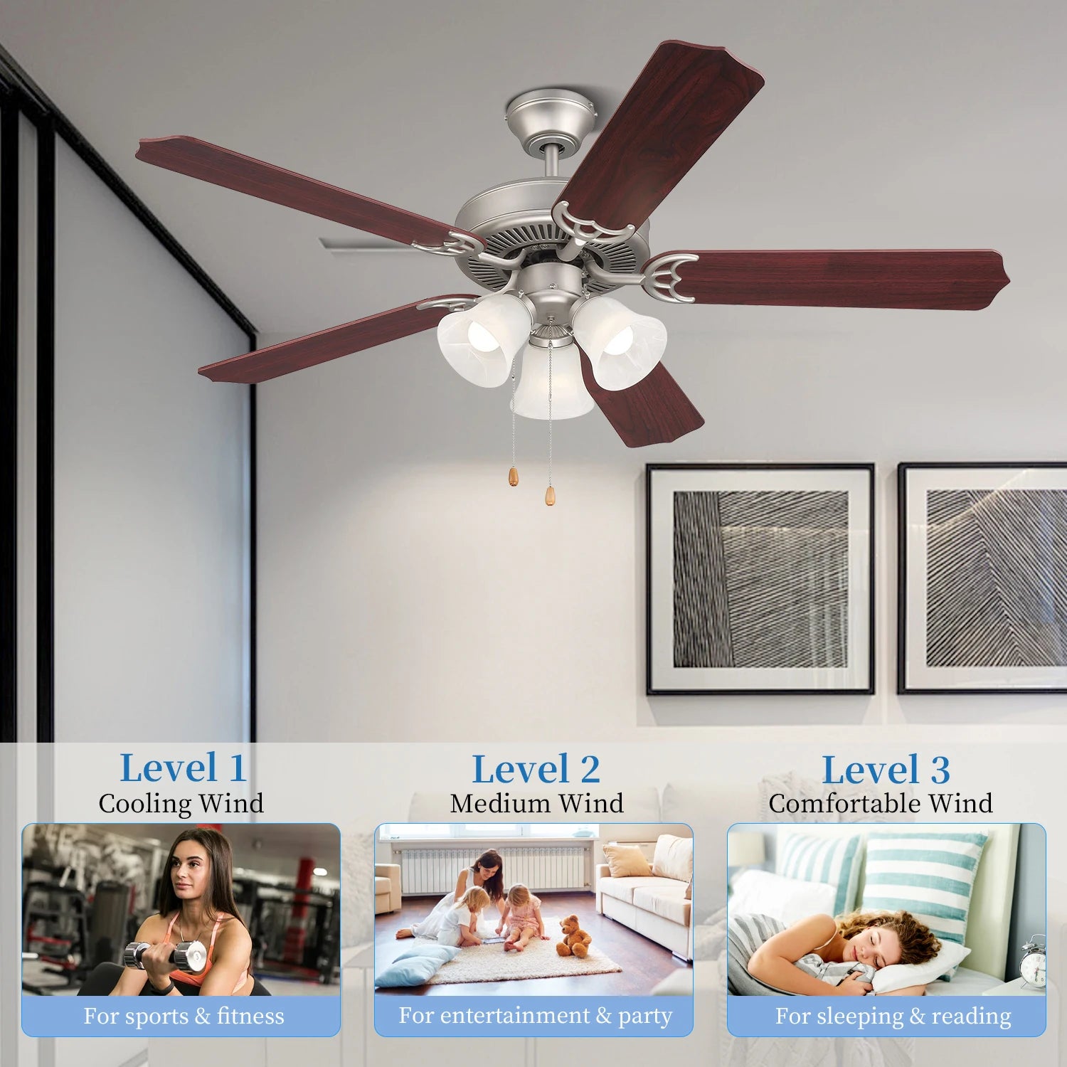 Retro Chandelier Decorative Luxury 5 MDF Blades Wooden 52 Inch Low Noise Ceiling Fan With LIght