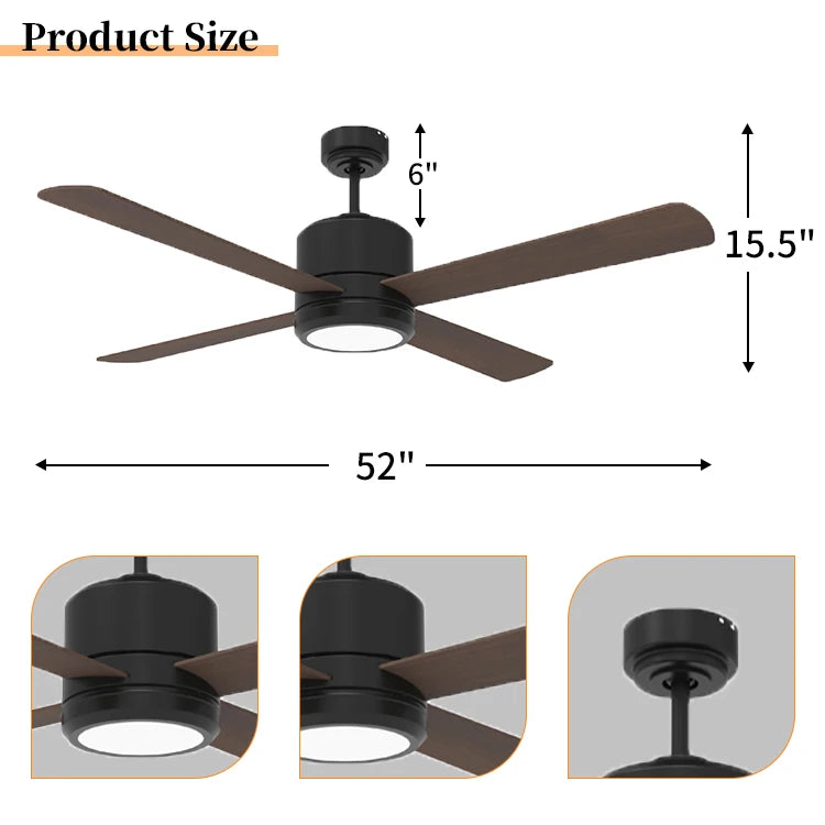 CF52744-L-BK Black Decorative LED Ceiling Fan With Light and Remote Control