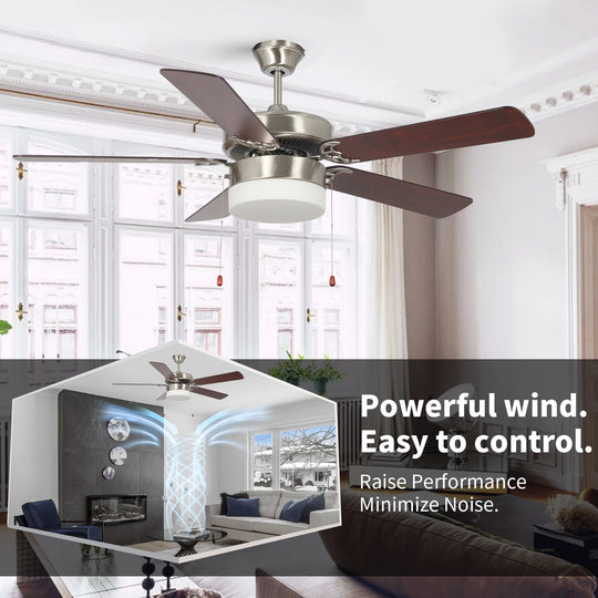Modern Design AC Motor Pull Chain Silent 52 Inch 5 Blades Home Office Indoor Decorative Ceiling Fan