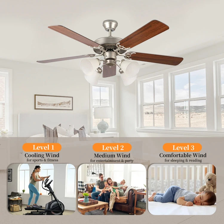 Retro 52 Inch 5 Wooden Blade AC Motor Classic Dining Room Decorative Ceiling Fan Light With Pull Chain