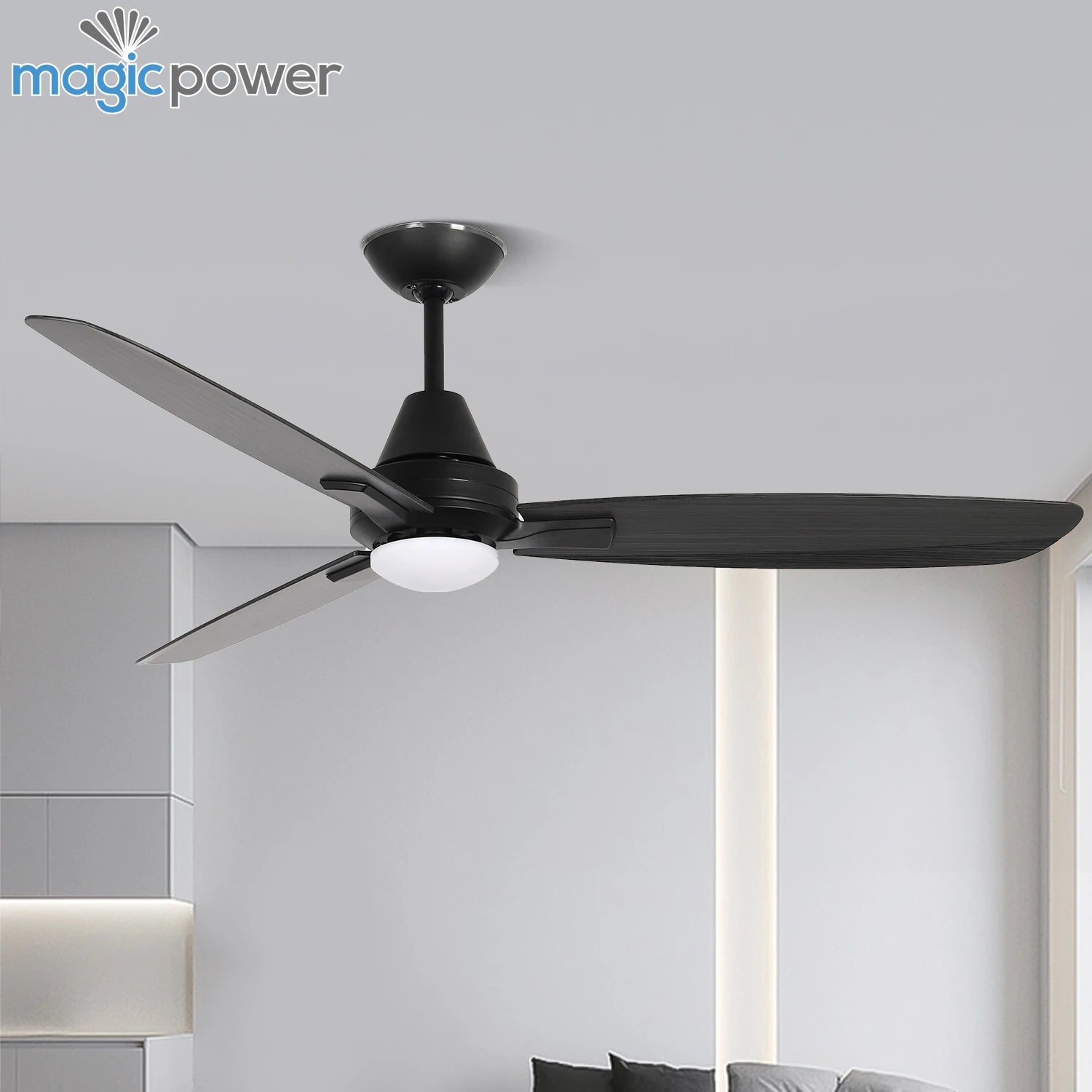 Modern Silent Dimmable Light 3 Black ABS Blades 52 Inch Decorative Ceiling Fan With Light Remote Control