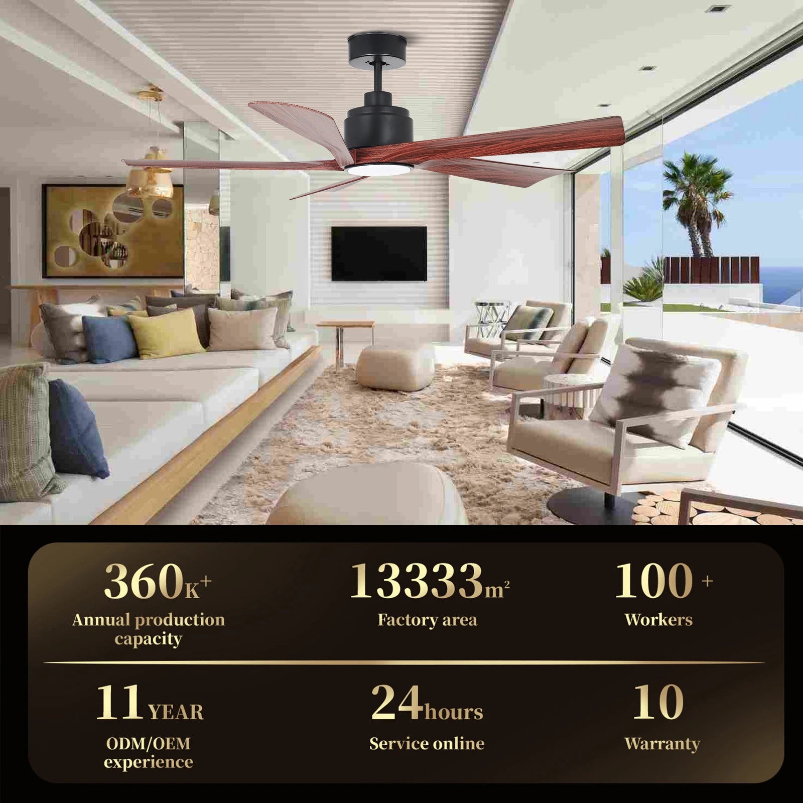 Modern Indoor DC Motor 52 Inch Quiet Ceiling Fan Black Walunt Decorative Ceiling Fan Remote Control