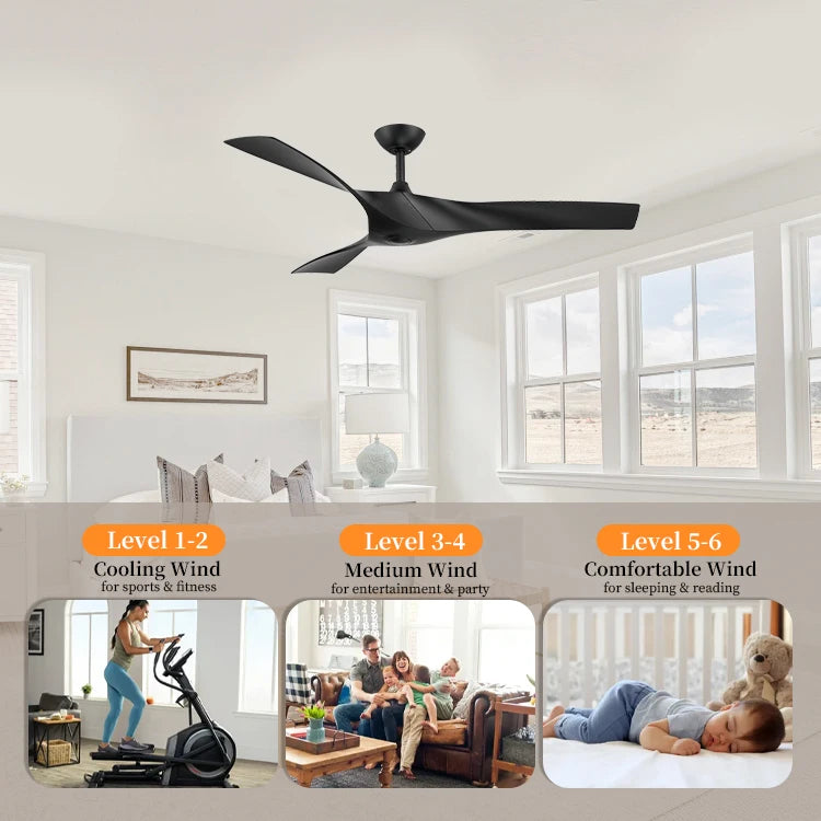 Modern Design Energy Saving Silent 3 Blades Electric Decorative Black Indoor Ceiling Fan With Remote