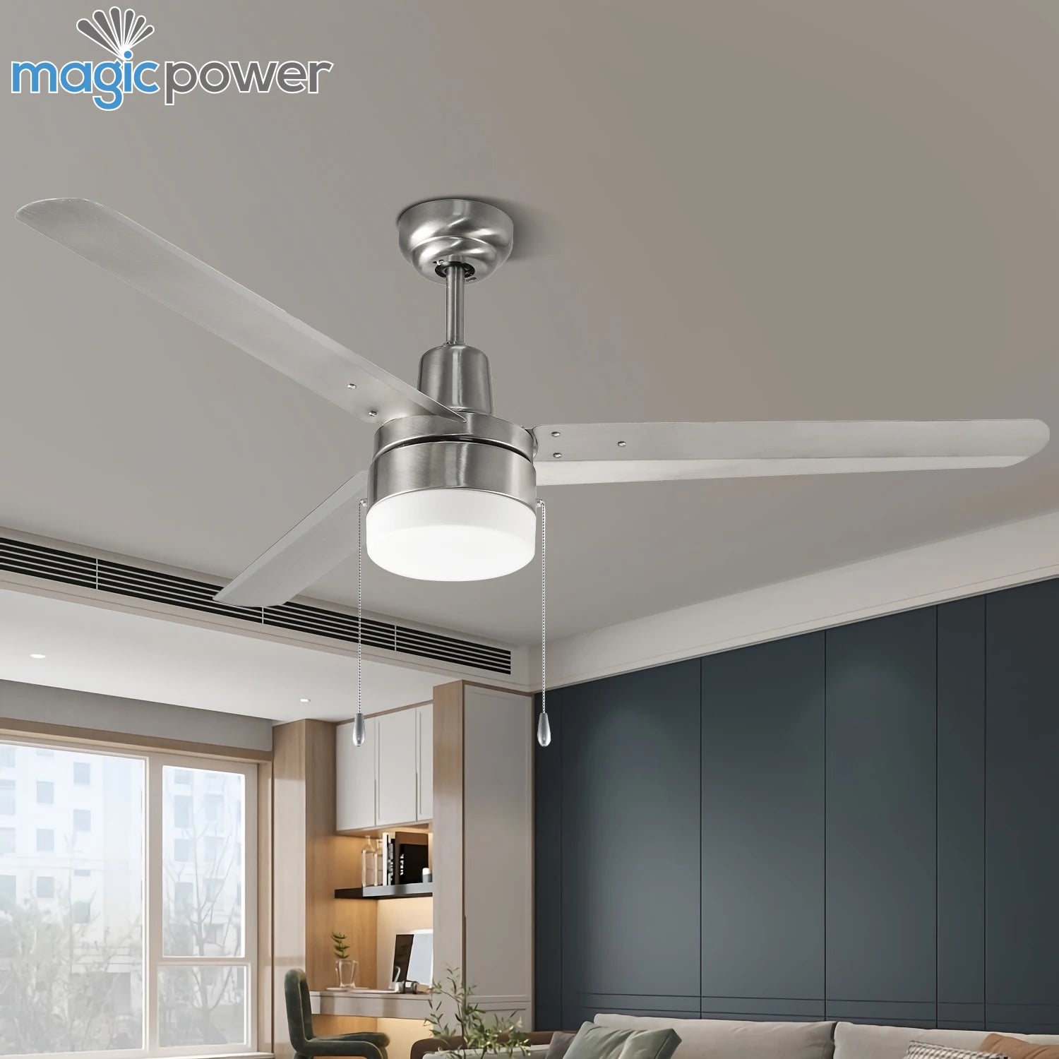 48 Inch Modern Decorative 3 Iron Blade Living Room Pull Chain AC Motor Electric LED Ceiling Fan Light